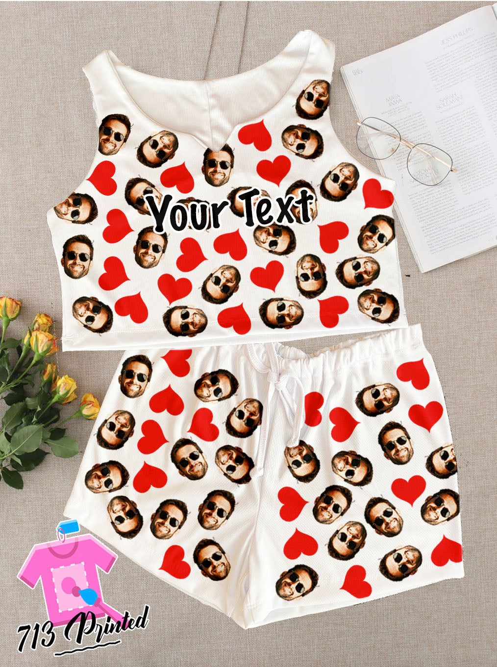 Pajama Custom Photo Text Gift Rib-knit Bow Front Cami Lounge Set Bachelorette party