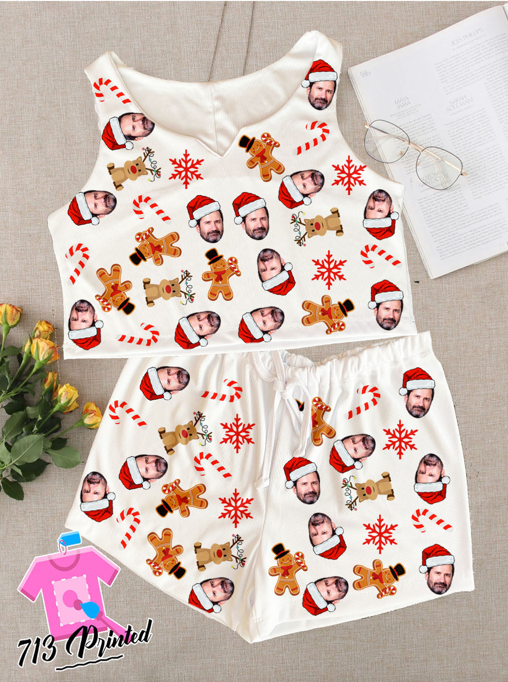 Pajama Custom Photo Christmas  Front Cami Lounge Set Christmas Party