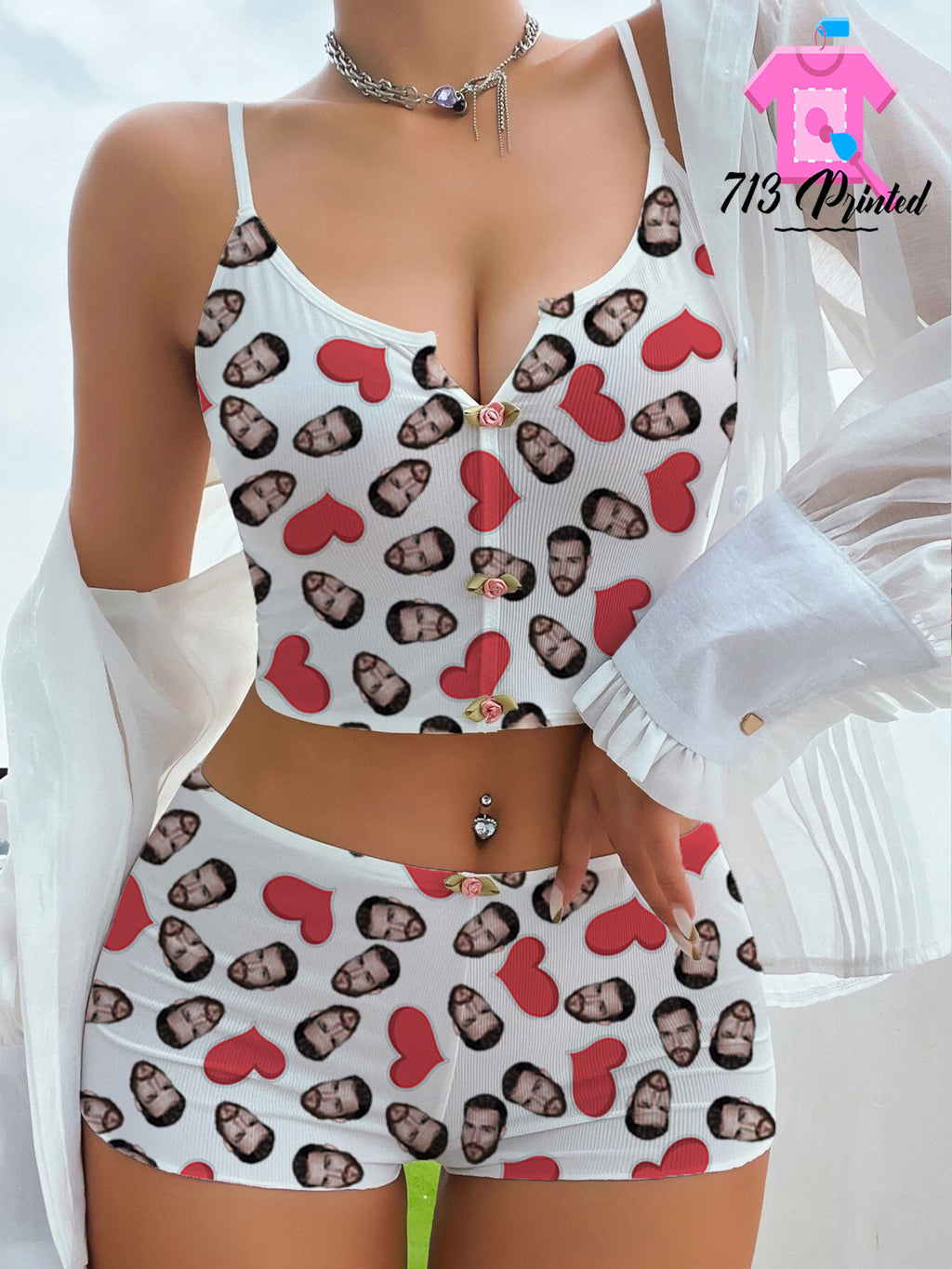 Photo Custom Appliques Notched Neckline Lingerie Set, gift, bachelorette party