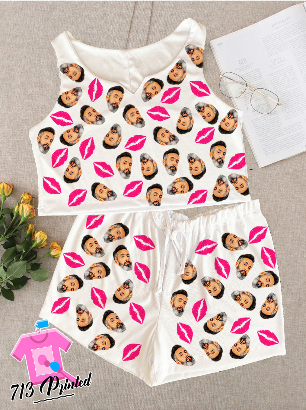 Pajama Custom Photo Text Gift Rib-knit Bow Front Cami Lounge Set Bachelorette party