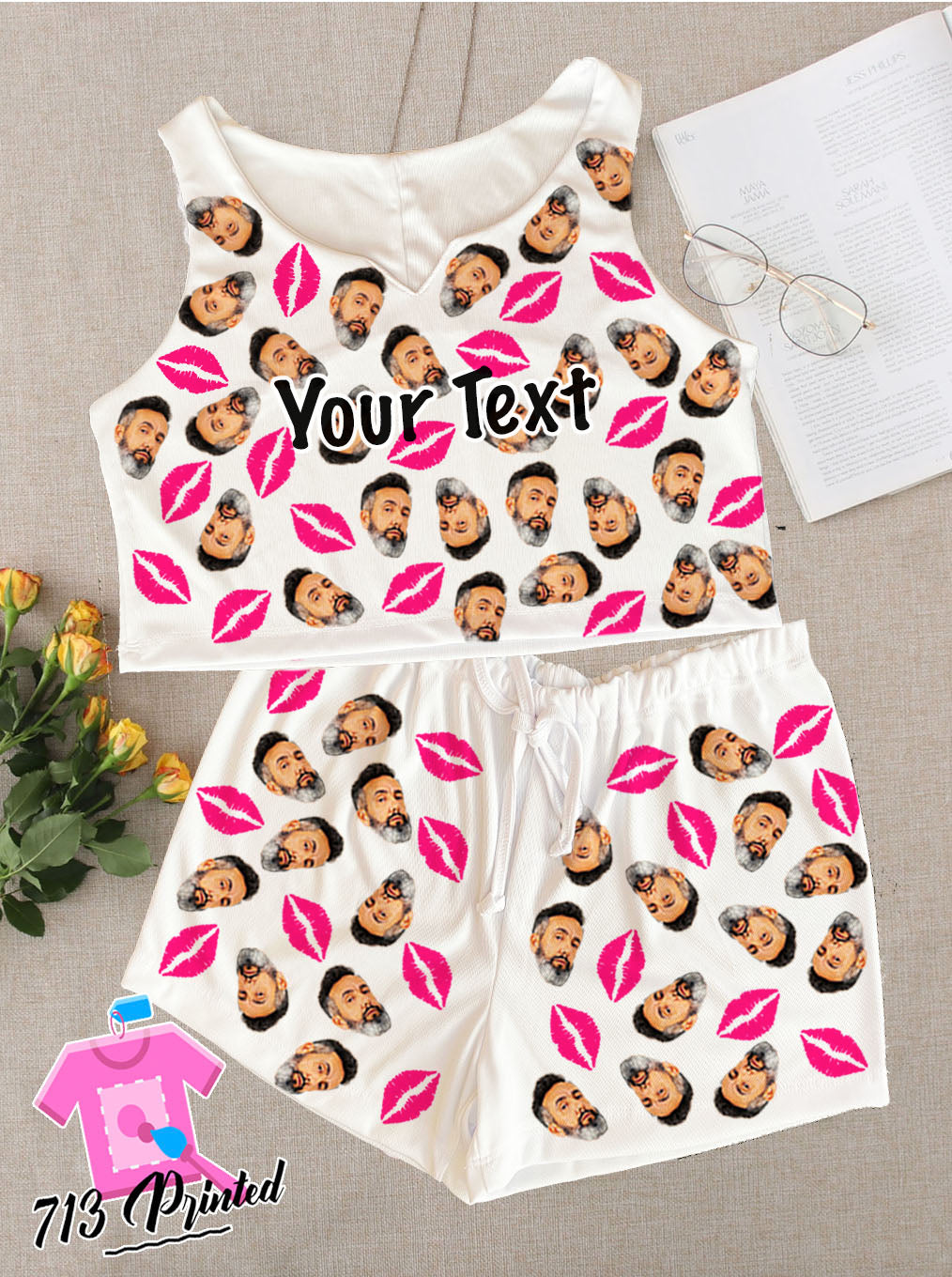 Pajama Custom Photo Text Gift Rib-knit Bow Front Cami Lounge Set Bachelorette party