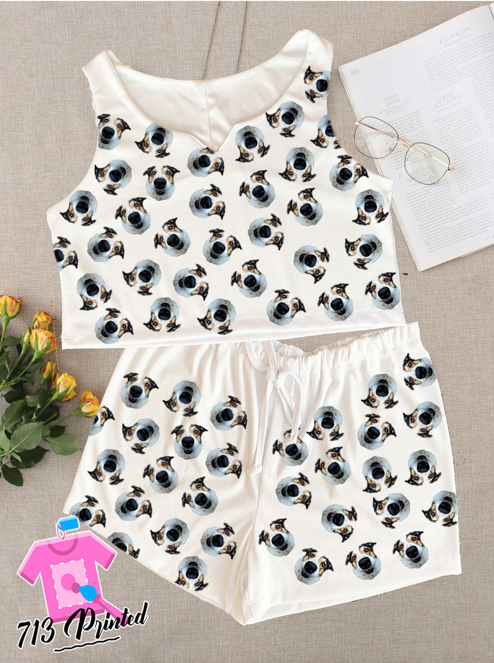 Pajama Custom Photo Text Gift Rib-knit Bow Front Cami Lounge Set Bachelorette party