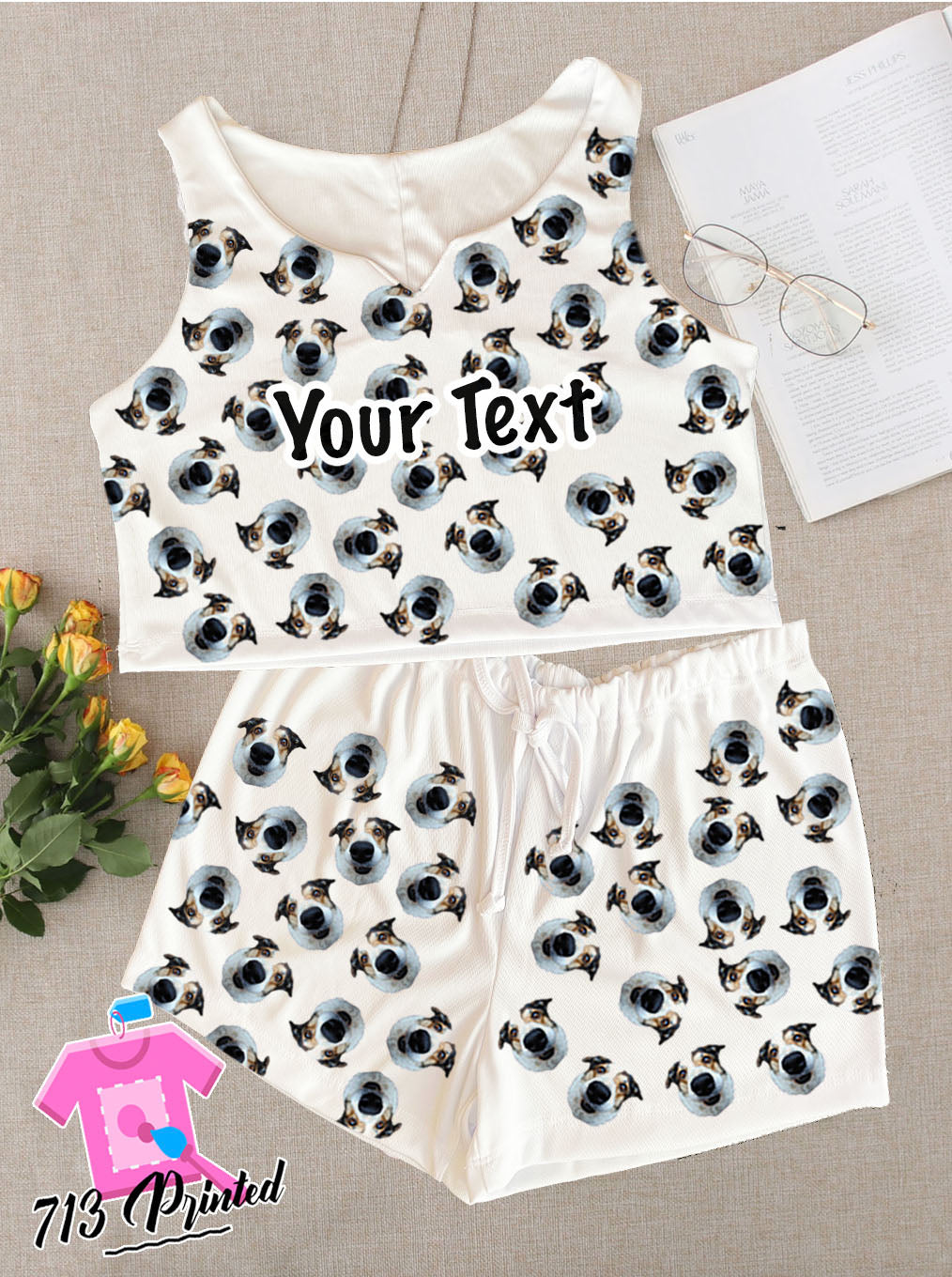 Pajama Custom Photo Text Gift Rib-knit Bow Front Cami Lounge Set Bachelorette party