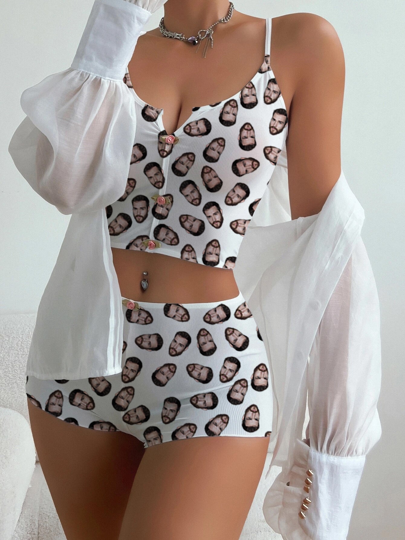 Photo Custom Appliques Notched Neckline Lingerie Set, gift, bachelorette party