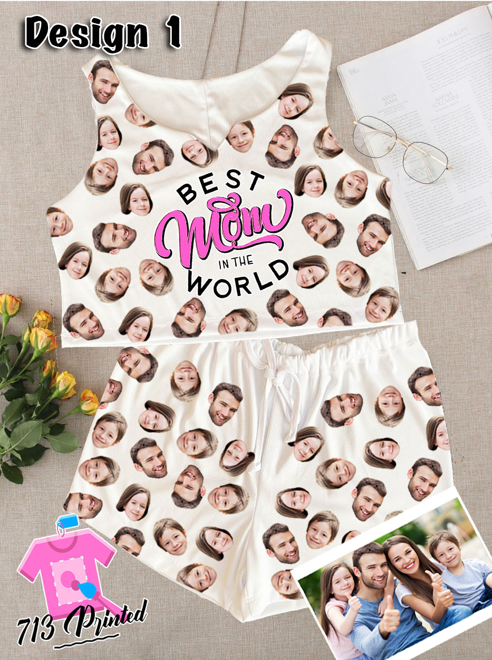 Pajama Custom Photo Mother's Day Gift Rib-knit Bow Front Cami Lounge Set