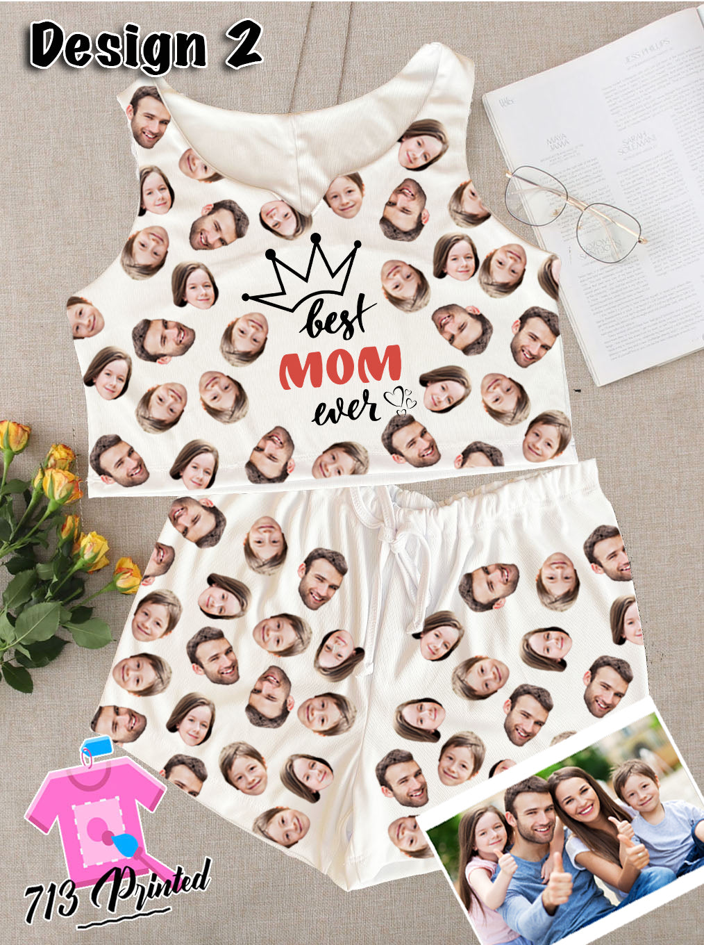 Pajama Custom Photo Mother's Day Gift Rib-knit Bow Front Cami Lounge Set