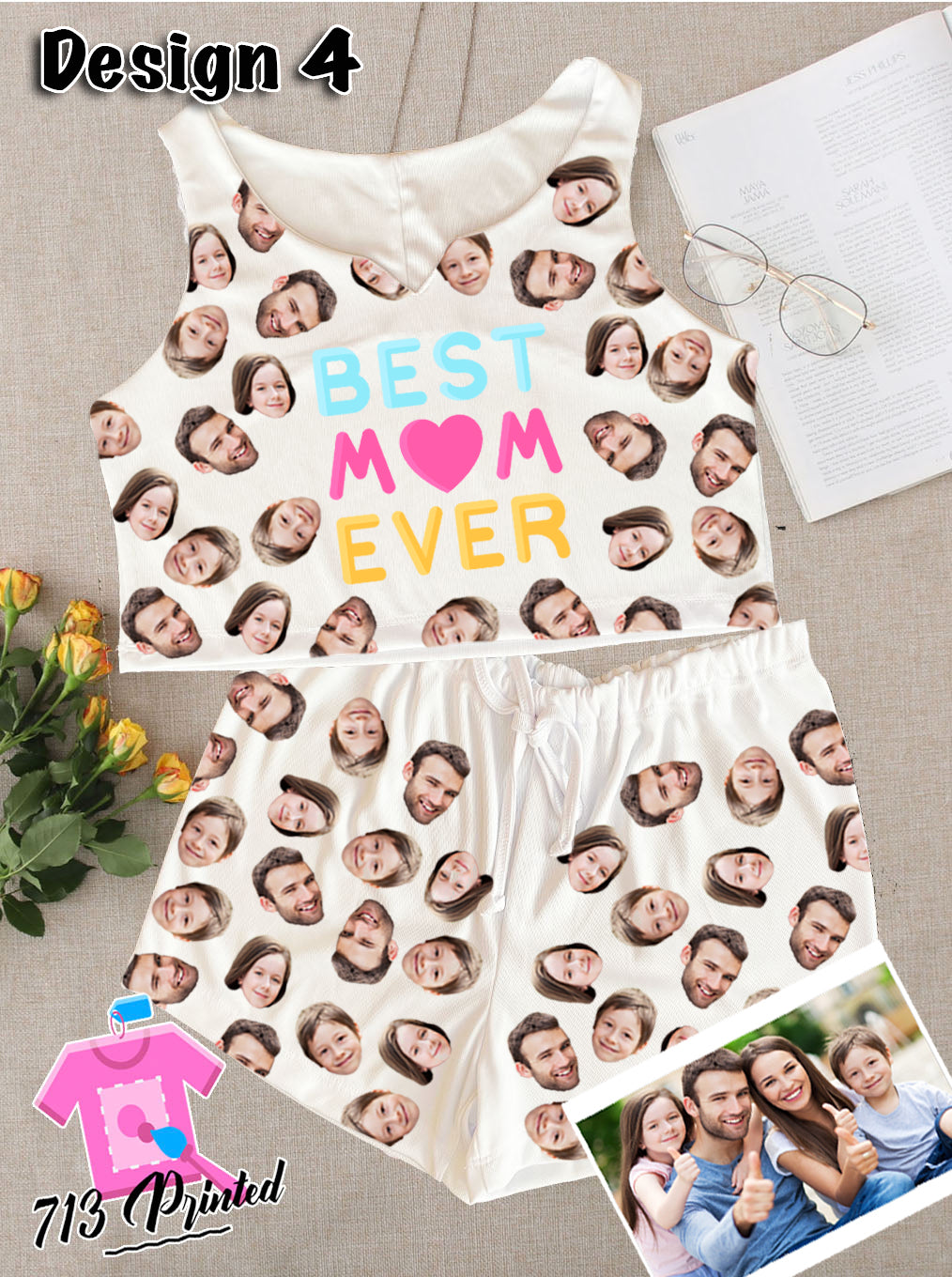 Pajama Custom Photo Mother's Day Gift Rib-knit Bow Front Cami Lounge Set