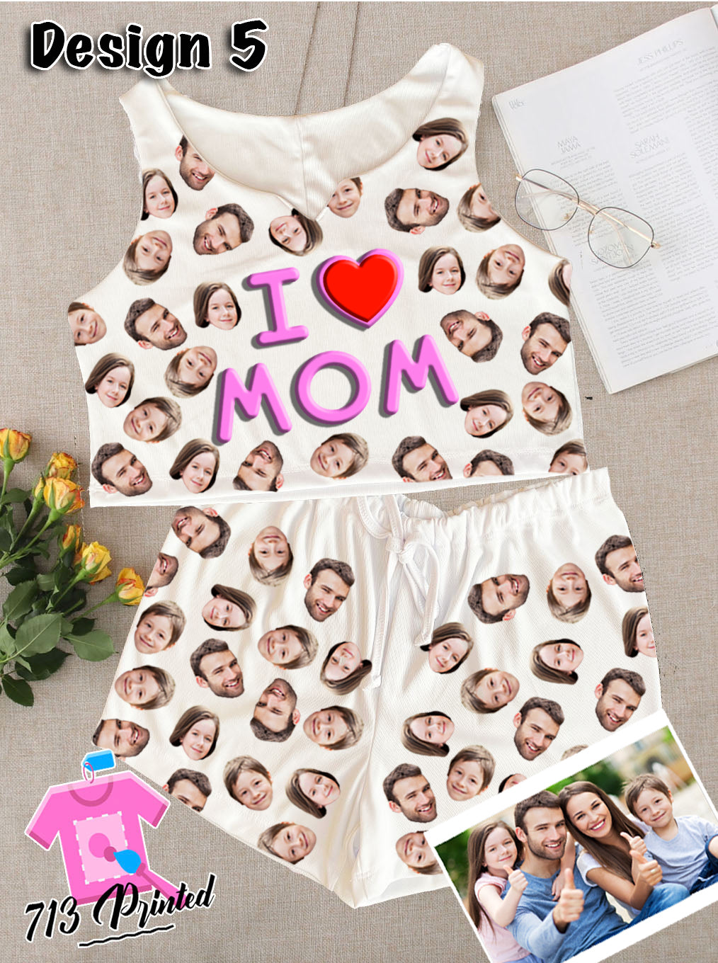 Pajama Custom Photo Mother's Day Gift Rib-knit Bow Front Cami Lounge Set