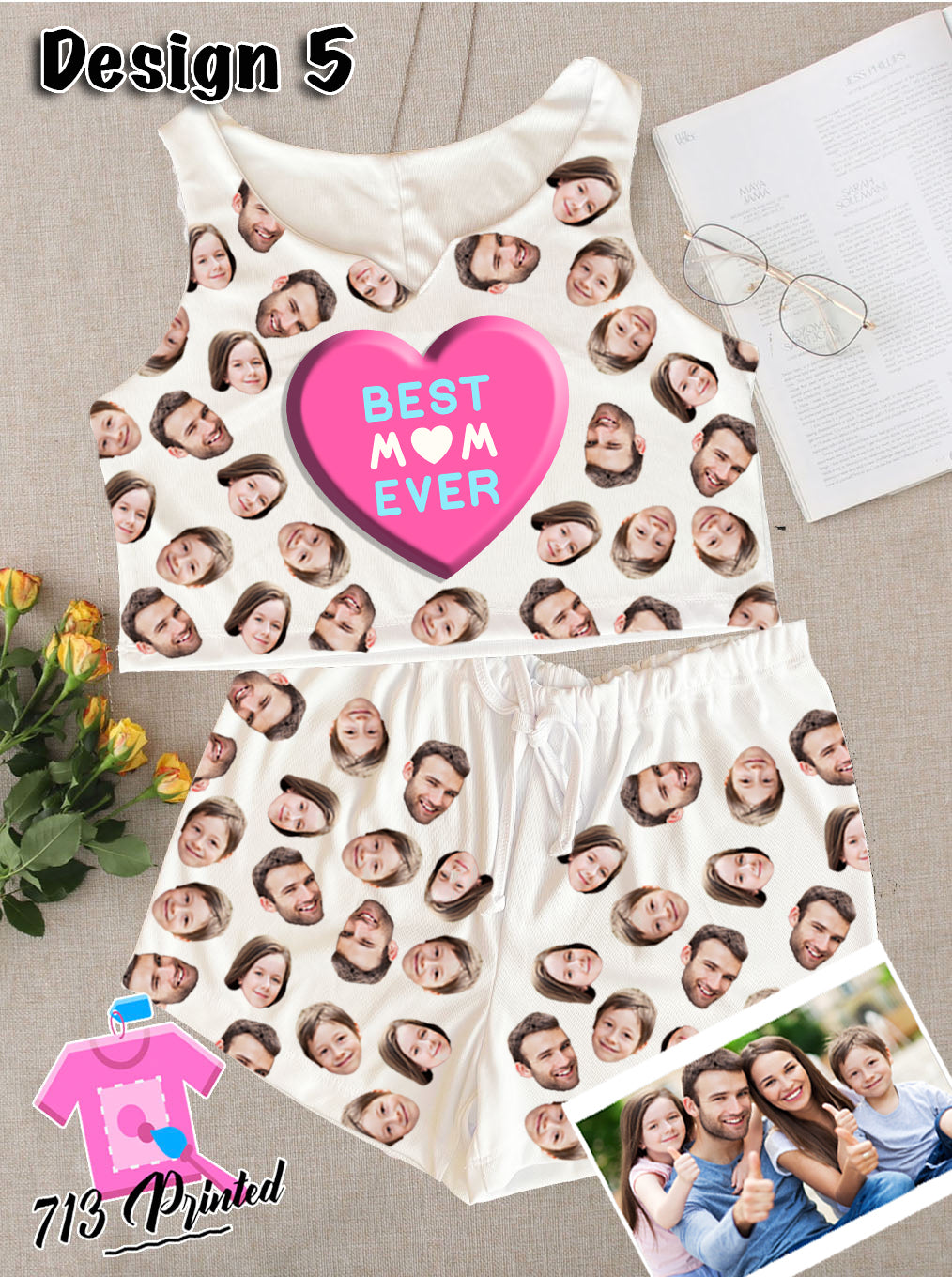 Pajama Custom Photo Mother's Day Gift Rib-knit Bow Front Cami Lounge Set